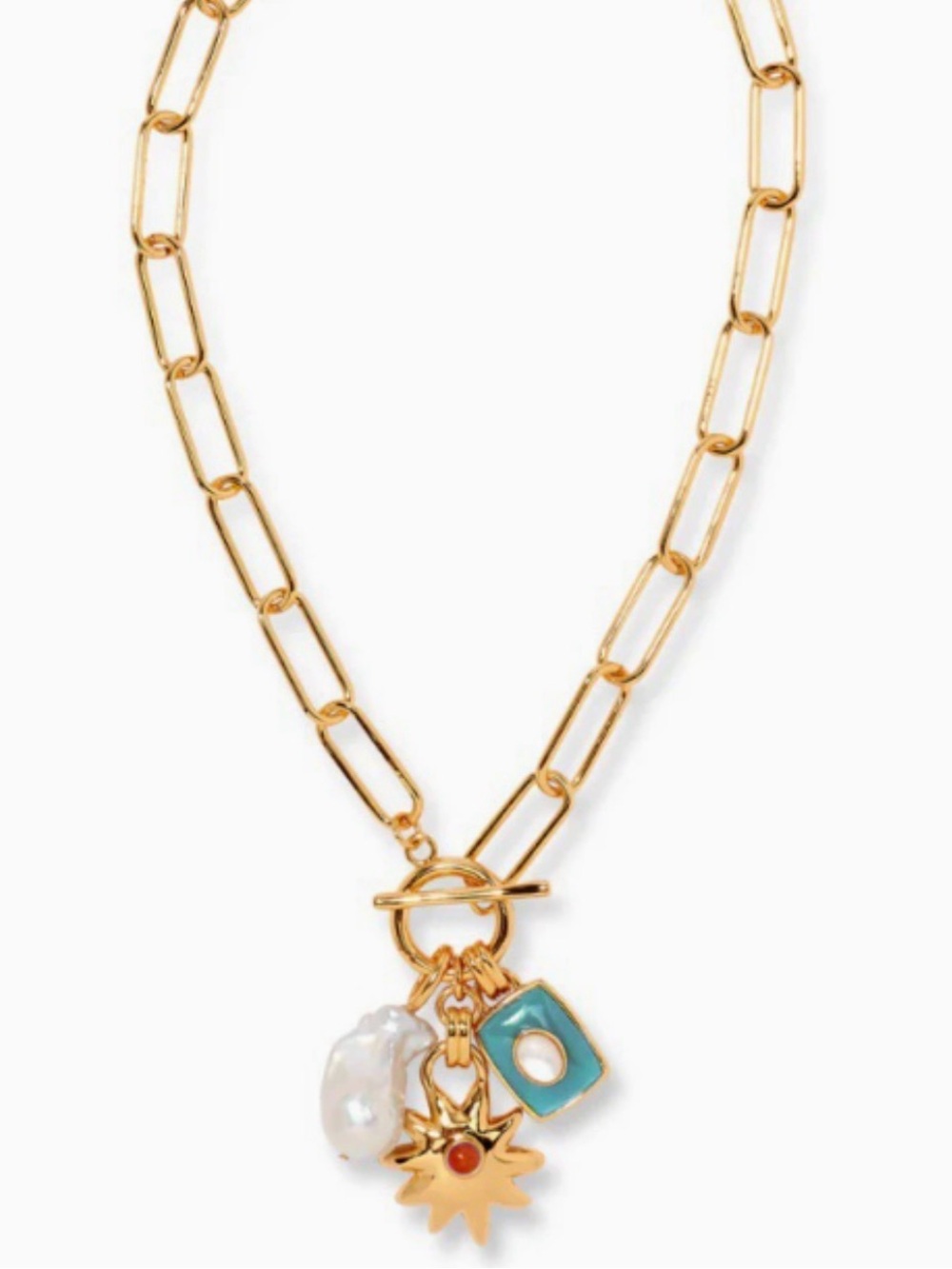 Mayamar NWT Gold Paper Clip Chain Charm Necklace Turquoise Pearl Starburst Pearl